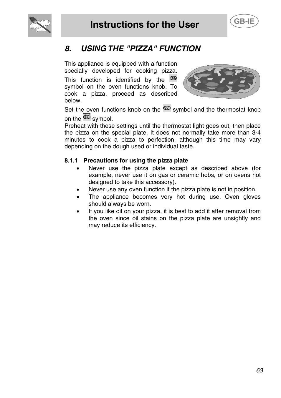 Using the "pizza" function, 1 precautions for using the pizza plate, Instructions for the user | Smeg A5-6 User Manual | Page 21 / 39