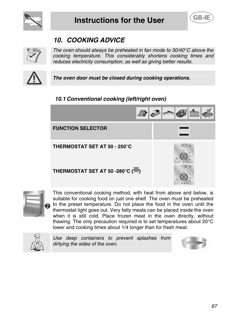 Cooking advice, 1 conventional cooking (left/right oven), Instructions for the user | Smeg A5-6 User Manual | Page 25 / 39