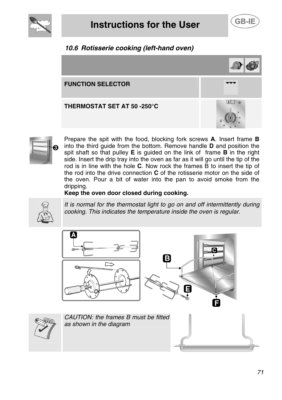 Recommended cooking tables, Instructions for the user, 6 rotisserie cooking (left-hand oven) | Function selector | Smeg A5-6 User Manual | Page 29 / 39