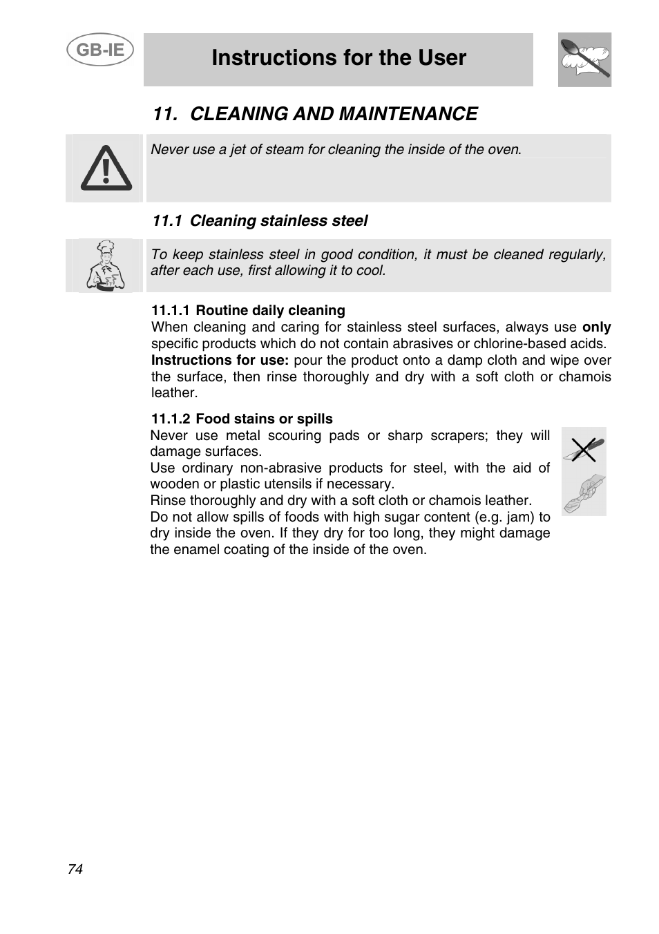 Cleaning the hob components, 1 barbecue griddle plate, Basin | 3 the pan stands, Instructions for the user, Cleaning and maintenance, 1 cleaning stainless steel | Smeg A5-6 User Manual | Page 32 / 39