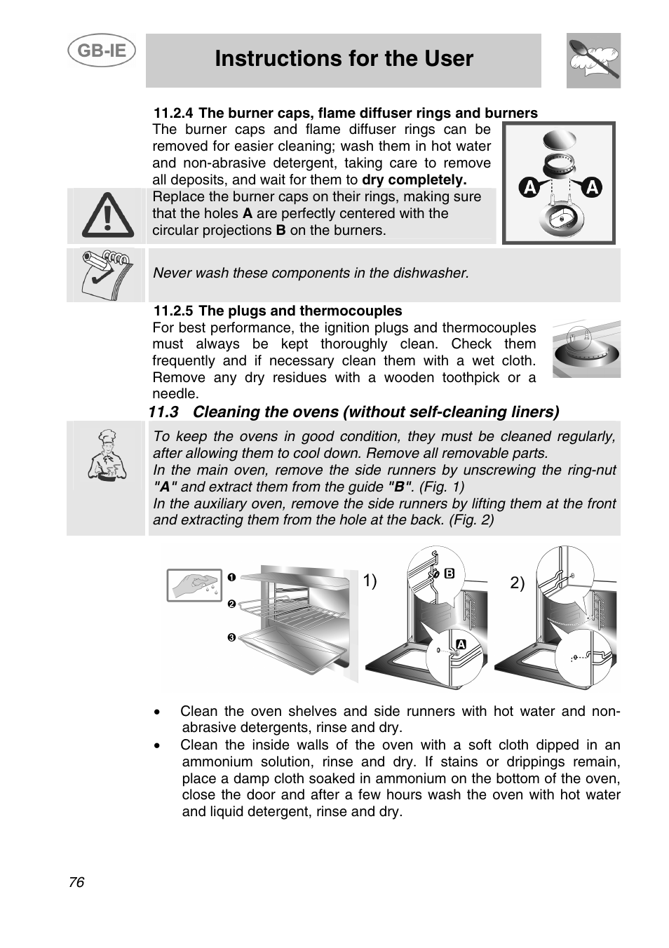 1 oven liners (main oven), 2 using the self-cleaning liners, 3 maintenance of self-cleaning liners | 4 removing the self-cleaning liners, Instructions for the user | Smeg A5-6 User Manual | Page 34 / 39