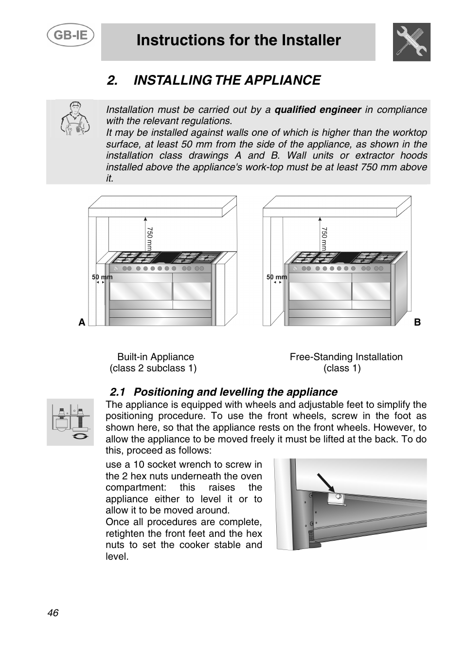 Installing the appliance, 1 positioning and levelling the appliance, Instructions for the installer | Smeg A5-6 User Manual | Page 4 / 39