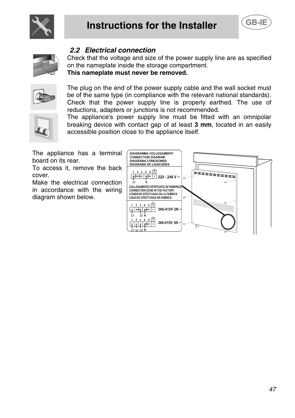 Electrical connection, Instructions for the installer | Smeg A5-6 User Manual | Page 5 / 39