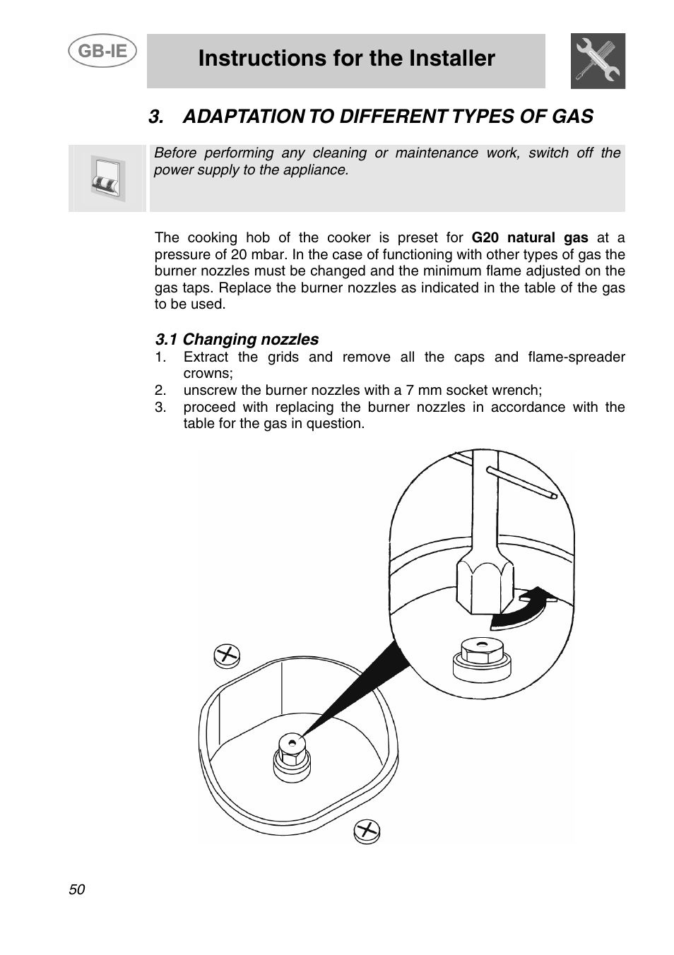 Adaptation to different types of gas, 1 changing nozzles, Instructions for the installer | Smeg A5-6 User Manual | Page 8 / 39