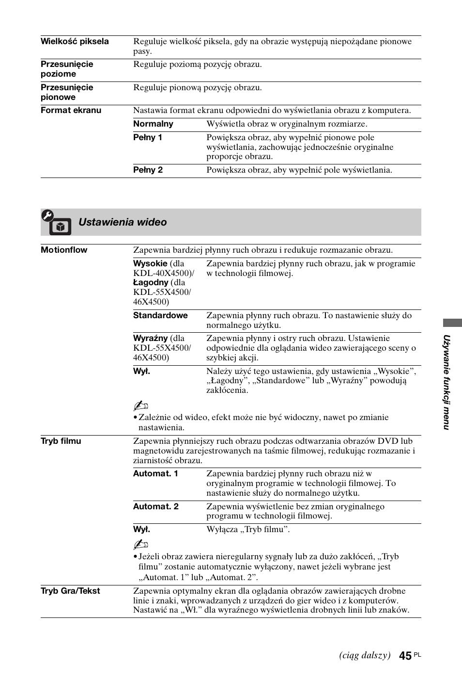 Ustawienia wideo | Sony KDL-40X4500 User Manual | Page 101 / 188