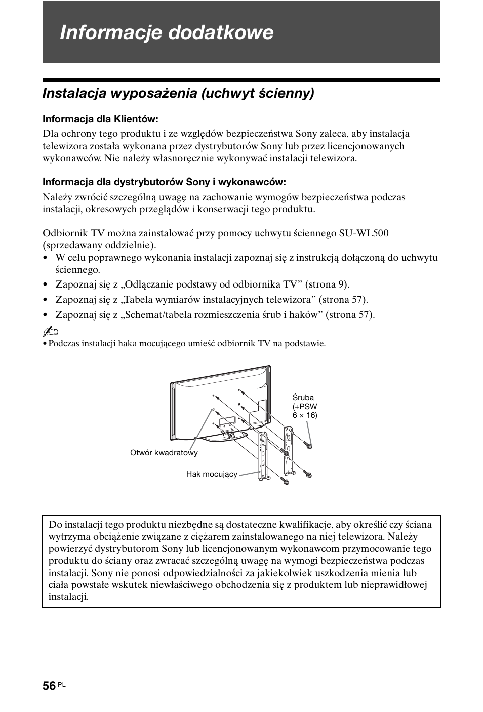 Informacje dodatkowe, Instalacja wyposażenia (uchwyt ścienny) | Sony KDL-40X4500 User Manual | Page 112 / 188