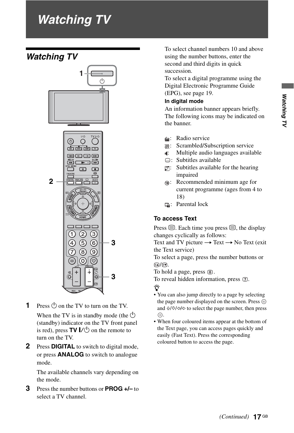 Watching tv | Sony KDL-40X4500 User Manual | Page 17 / 188