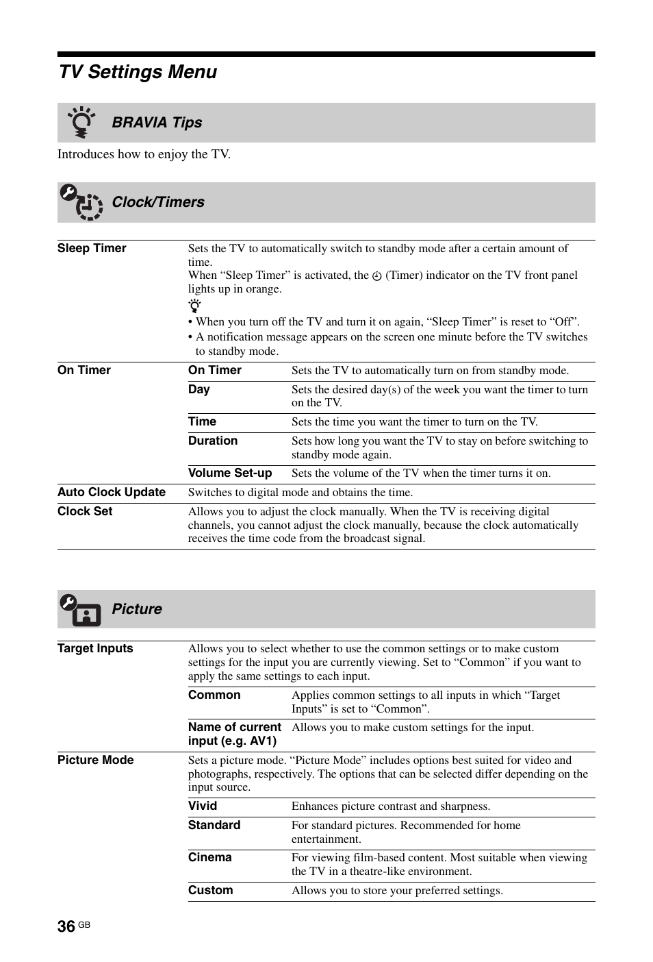 Tv settings menu, Ge 36 | Sony KDL-40X4500 User Manual | Page 36 / 188