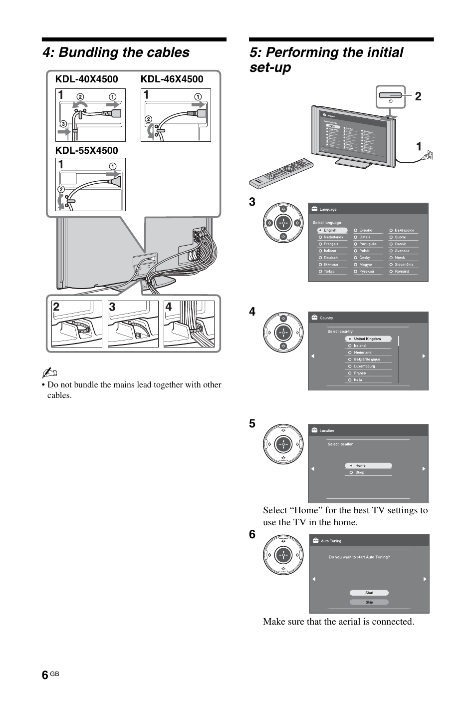 Bundling the cables, Performing the initial set-up | Sony KDL-40X4500 User Manual | Page 6 / 188