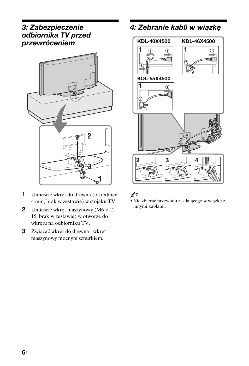 Zabezpieczenie odbiornika tv przed przewróceniem, Zebranie kabli w wiązkę | Sony KDL-40X4500 User Manual | Page 62 / 188