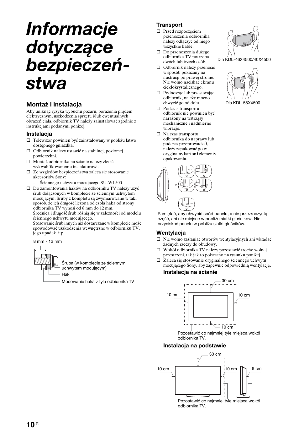 Informacje dotyczące bezpieczeń-stwa, Informacje dotyczące bezpieczeństwa, Ać „informacje dotyczące bezpieczeństwa | Informacje dotyczące bezpieczeń- stwa, Montaż i instalacja | Sony KDL-40X4500 User Manual | Page 66 / 188