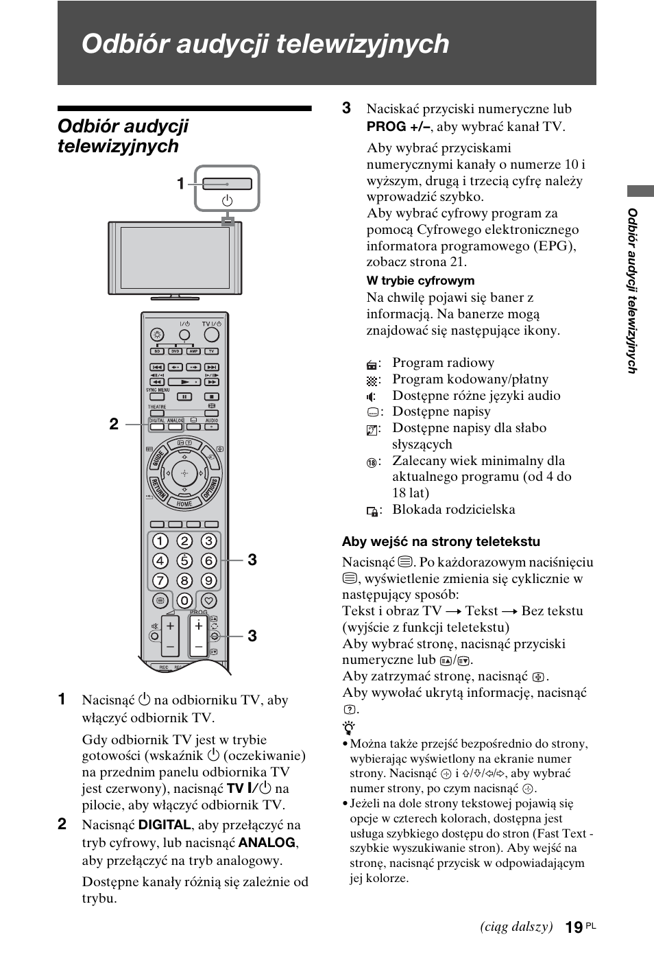 Odbiór audycji telewizyjnych | Sony KDL-40X4500 User Manual | Page 75 / 188