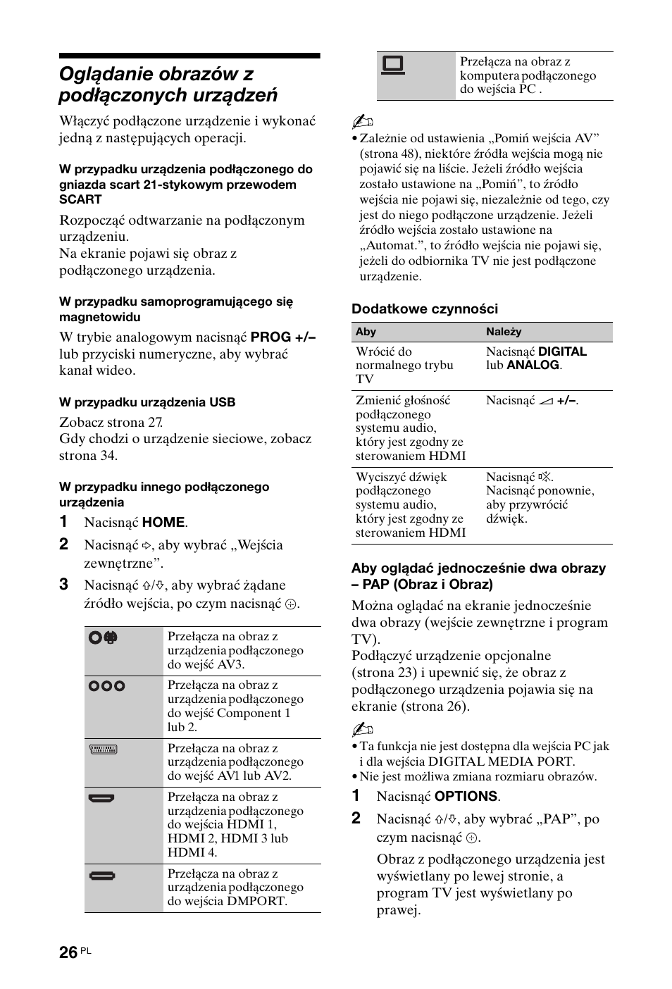 Oglądanie obrazów z podłączonych urządzeń | Sony KDL-40X4500 User Manual | Page 82 / 188