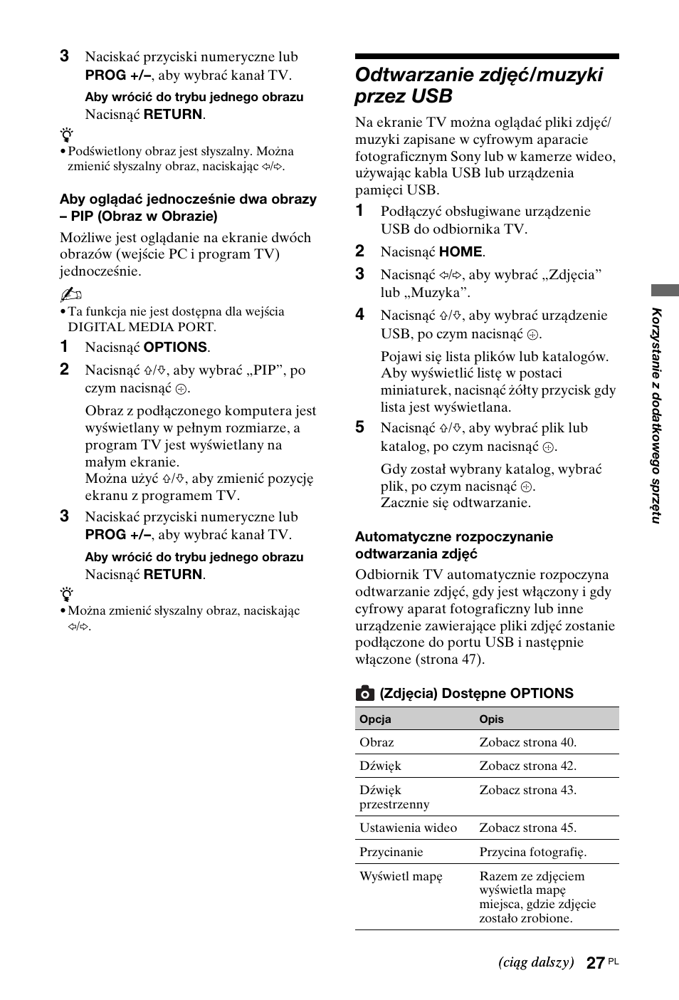 Odtwarzanie zdjęć/muzyki przez usb | Sony KDL-40X4500 User Manual | Page 83 / 188