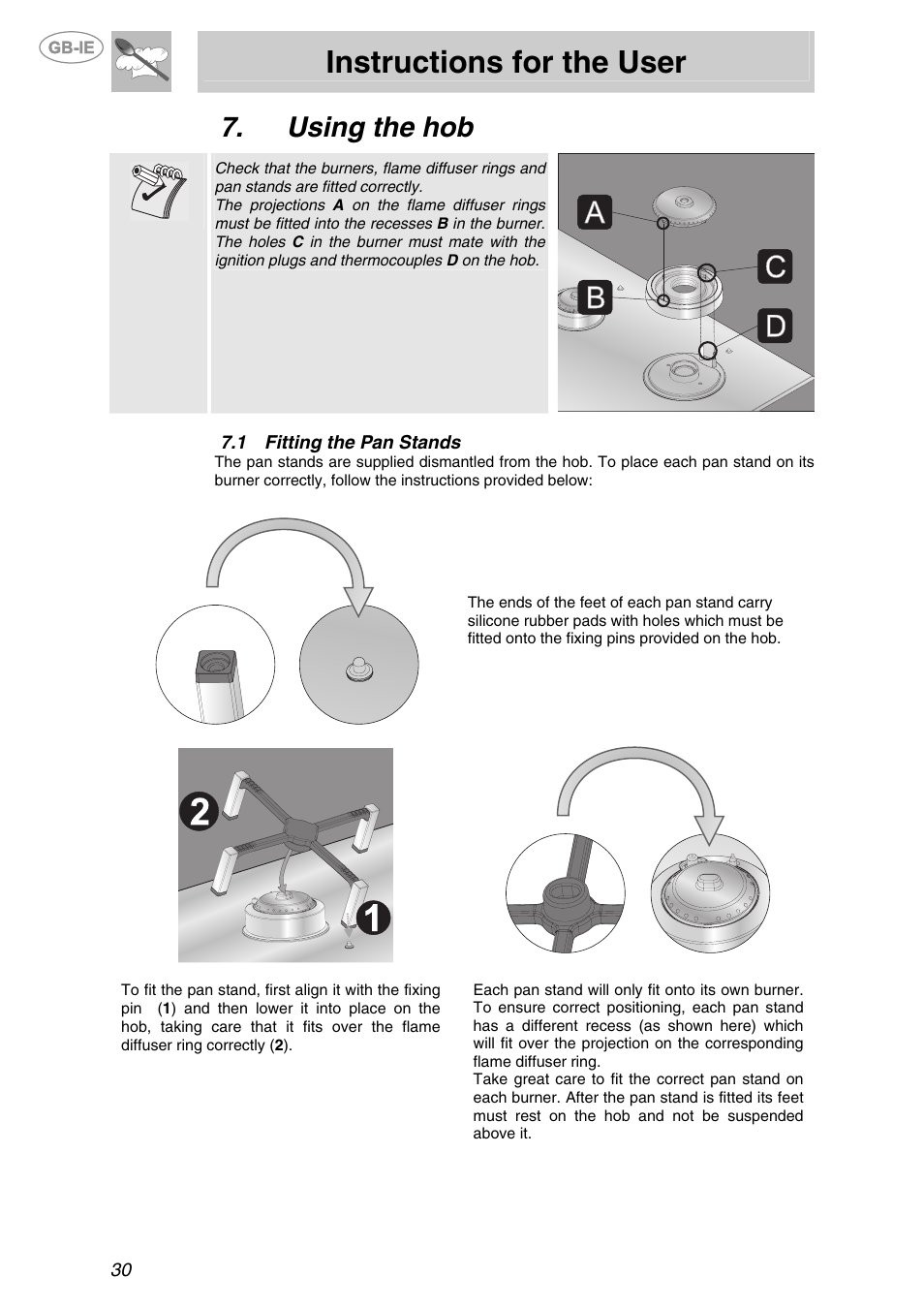Using the hob, 1 fitting the pan stands, Fitting the pan stands | Instructions for the user | Smeg PX140 User Manual | Page 12 / 16