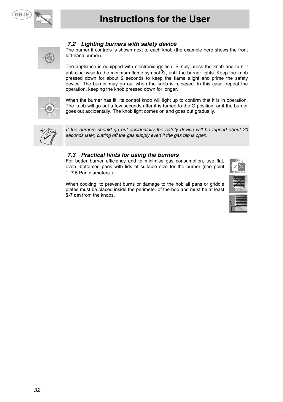 2 lighting burners with safety device, 3 practical hints for using the burners, Lighting burners with safety device | Practical hints for using the burners, Instructions for the user | Smeg PX140 User Manual | Page 14 / 16