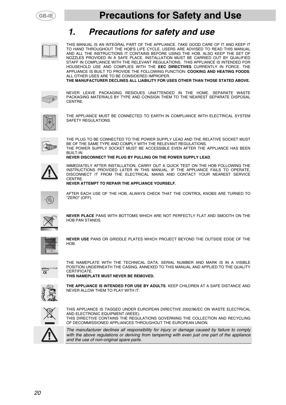 Precautions for safety and use | Smeg PX140 User Manual | Page 2 / 16