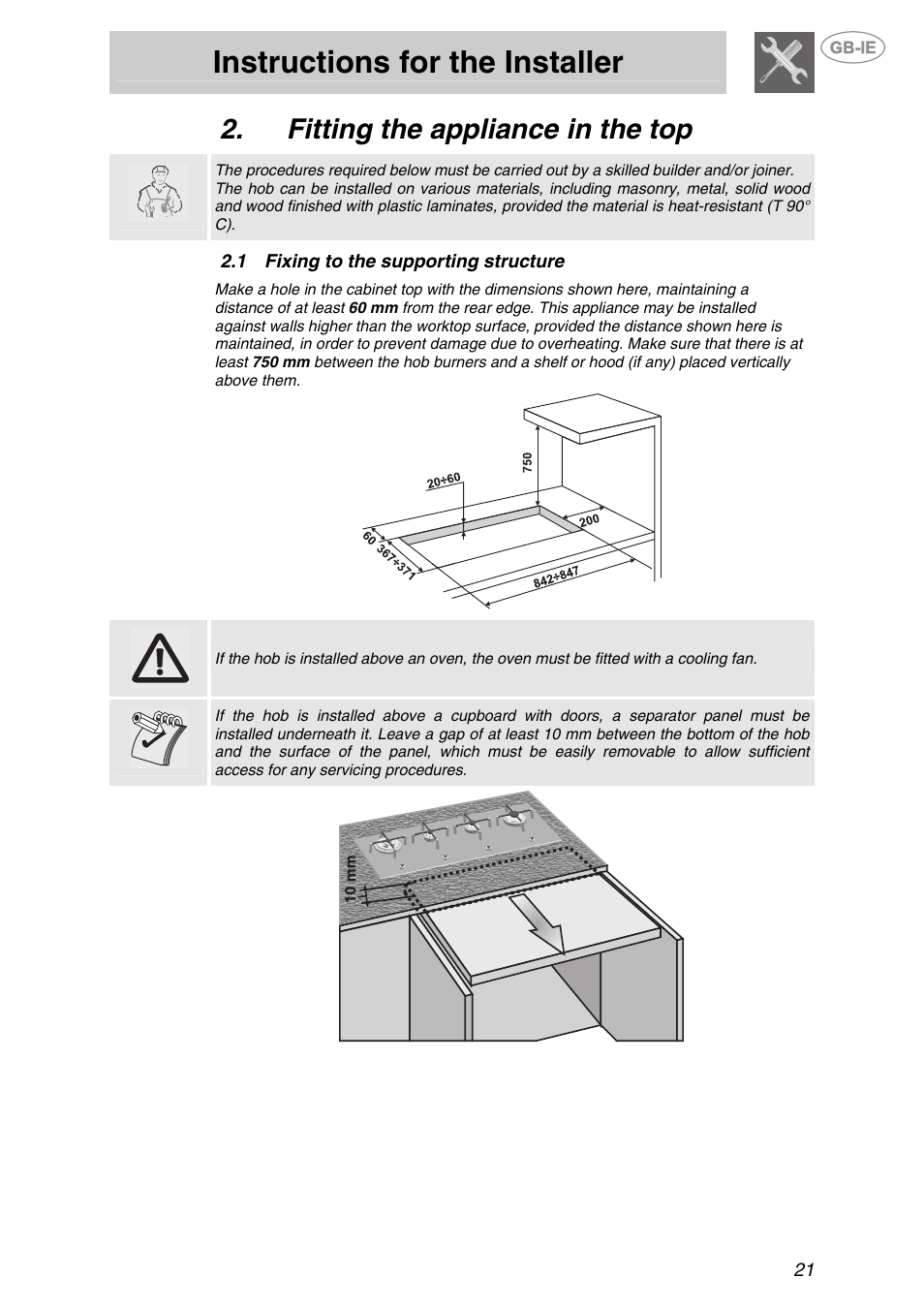 Fitting the appliance in the top, 1 fixing to the supporting structure, Fixing to the supporting structure | Instructions for the installer | Smeg PX140 User Manual | Page 3 / 16