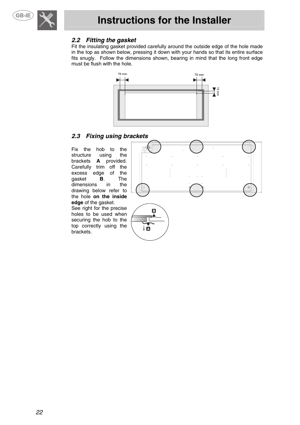 2 fitting the gasket, 3 fixing using brackets, Fitting the gasket | Fixing using brackets, Instructions for the installer | Smeg PX140 User Manual | Page 4 / 16