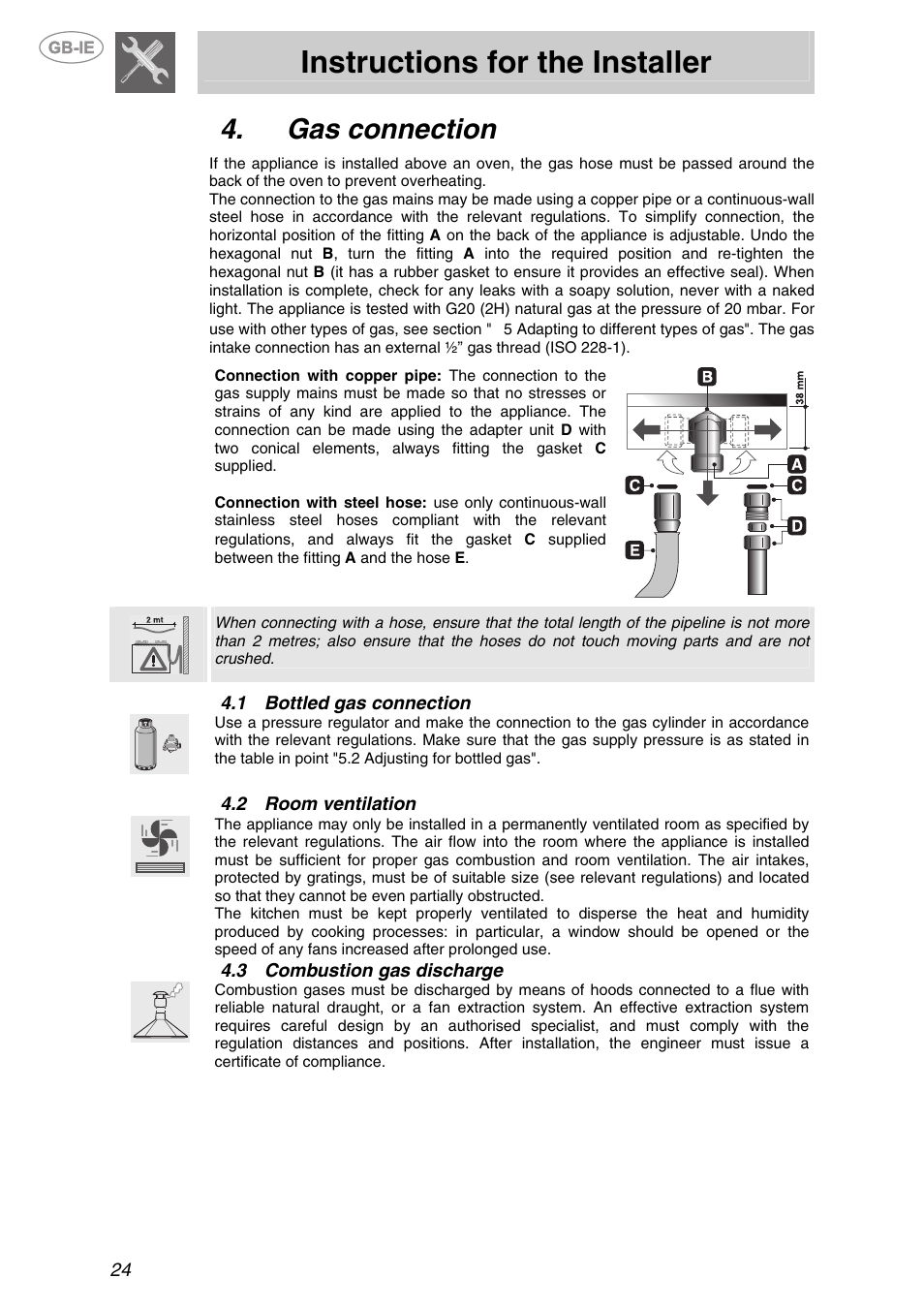 Gas connection, 1 bottled gas connection, 2 room ventilation | 3 combustion gas discharge, Bottled gas connection, Room ventilation, Combustion gas discharge, Instructions for the installer | Smeg PX140 User Manual | Page 6 / 16