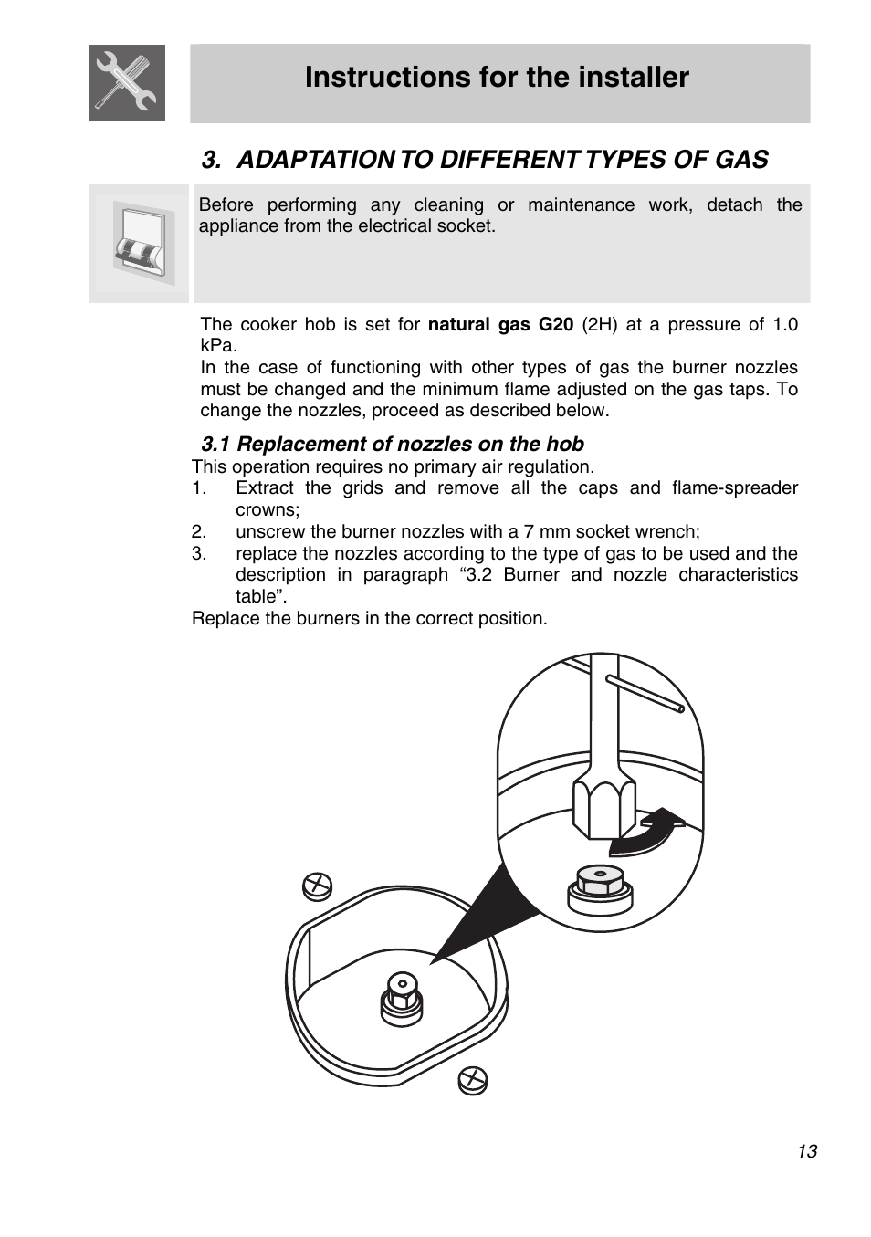 2 burner and nozzle characteristics table, 3 arrangement of burners on cooking hob, Final operations | Instructions for the installer, Adaptation to different types of gas, 1 replacement of nozzles on the hob | Smeg A21X-5 User Manual | Page 11 / 38