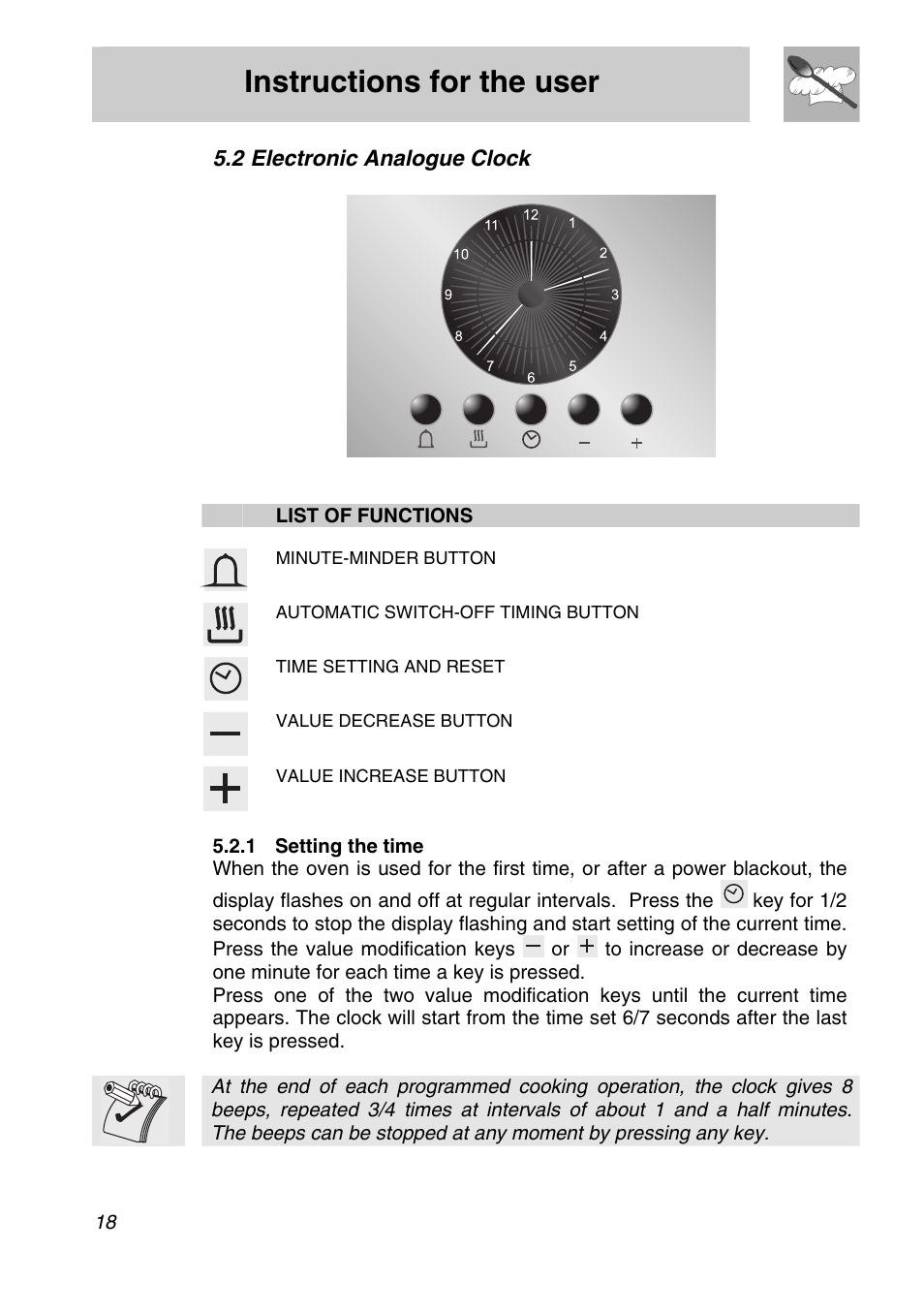 Minute-minder, Instructions for the user, 2 electronic analogue clock | Smeg A21X-5 User Manual | Page 16 / 38