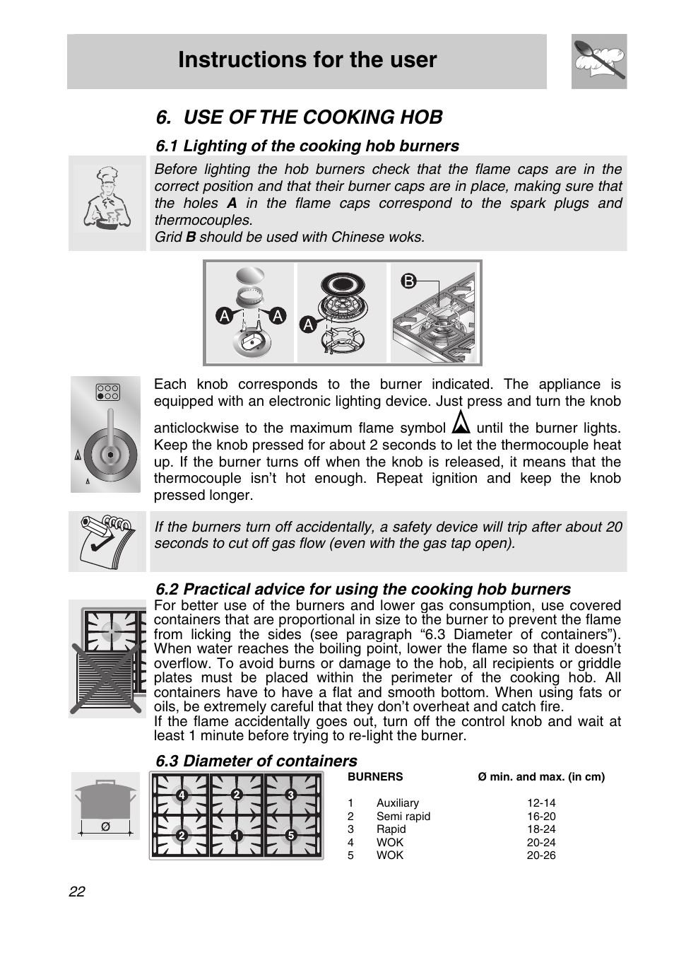 Use of the ovens, 1 warnings and general advice, 2 oven light | 3 cooling fan, 4 storage compartment, Instructions for the user, Use of the cooking hob, 1 lighting of the cooking hob burners, 3 diameter of containers, Grid b should be used with chinese woks | Smeg A21X-5 User Manual | Page 20 / 38