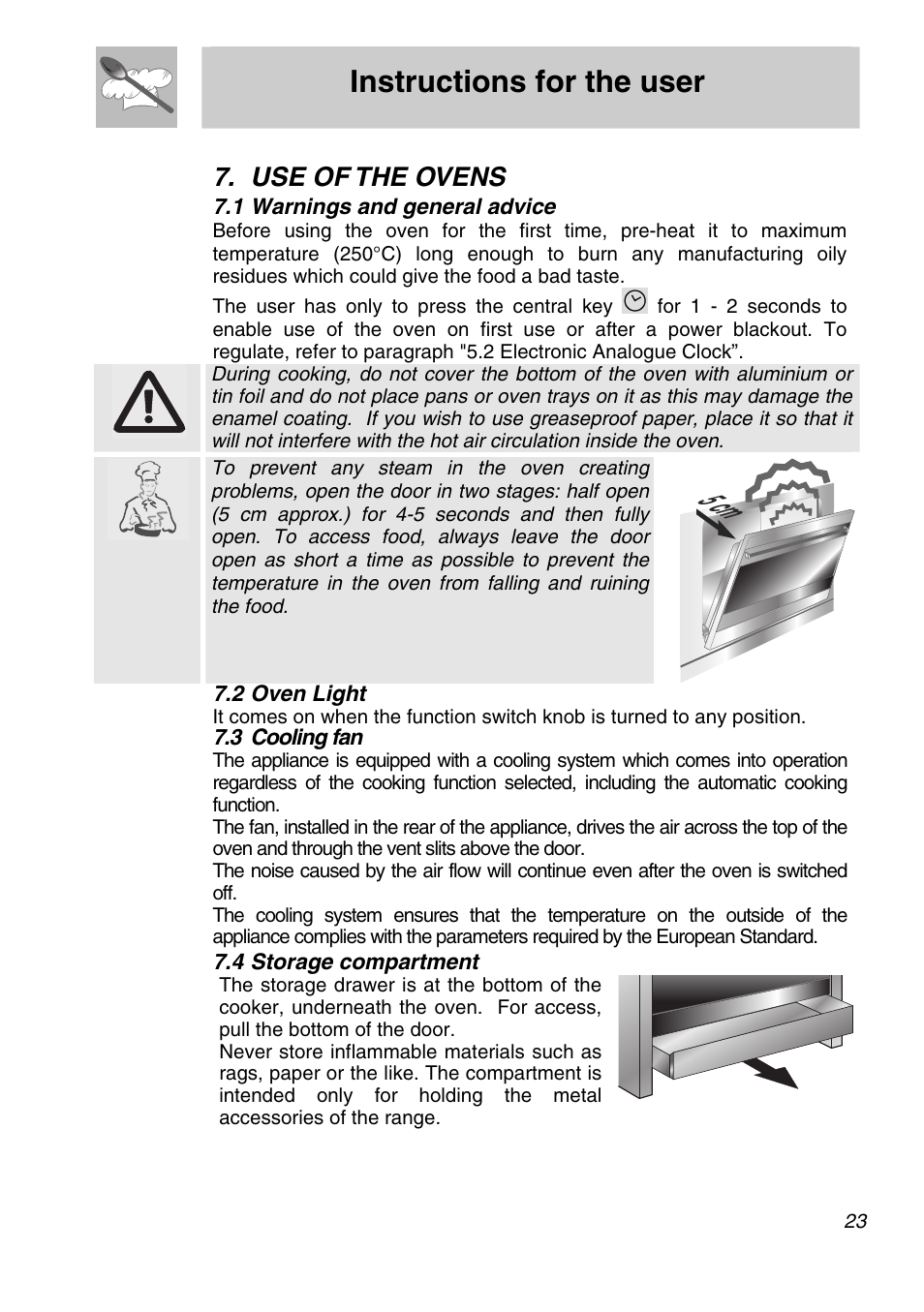 5 cm, Instructions for the user, Use of the ovens | Smeg A21X-5 User Manual | Page 21 / 38