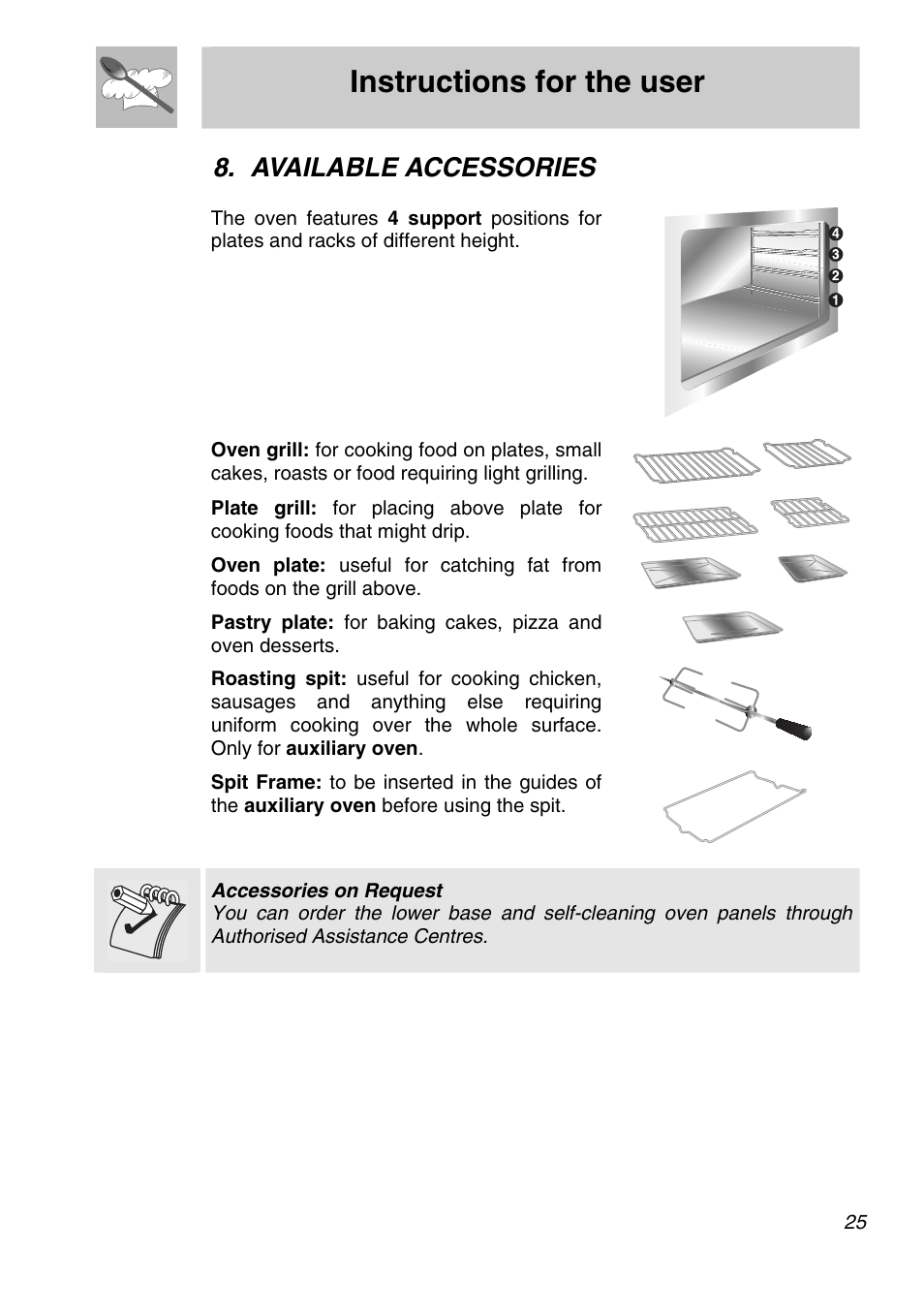 Cooking hints, 1 traditional cooking (main and auxiliary ovens), Instructions for the user | Available accessories | Smeg A21X-5 User Manual | Page 23 / 38