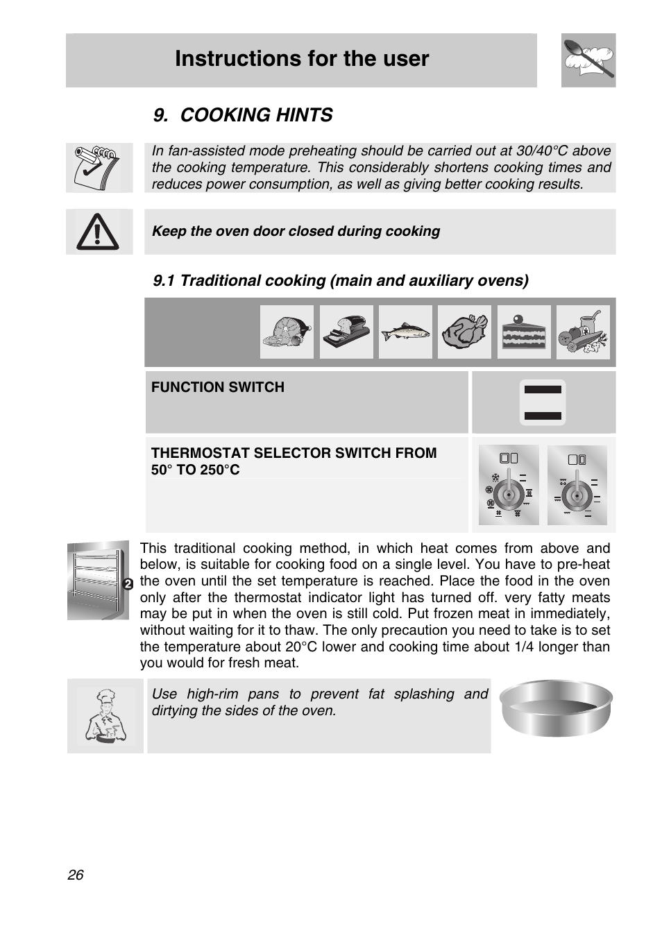 2 hot-air cooking (main oven), 3 grill cooking (main and auxiliary ovens), Instructions for the user | Cooking hints, 1 traditional cooking (main and auxiliary ovens) | Smeg A21X-5 User Manual | Page 24 / 38