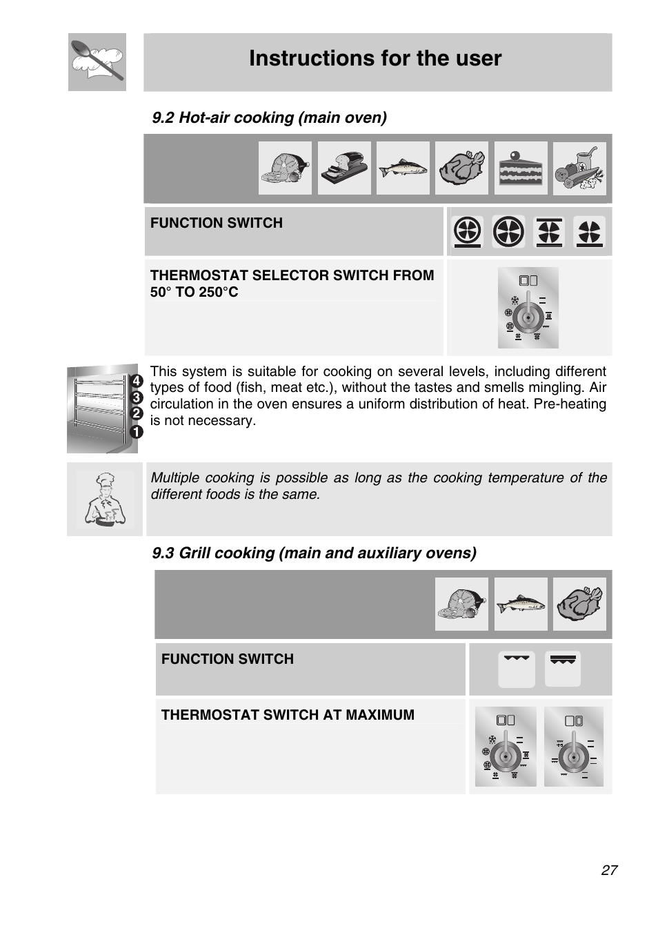 4 hot-air grilling (main oven), 5 delicate cooking (auxiliary oven), Instructions for the user | 2 hot-air cooking (main oven), 3 grill cooking (main and auxiliary ovens), Function switch, Thermostat switch at maximum | Smeg A21X-5 User Manual | Page 25 / 38