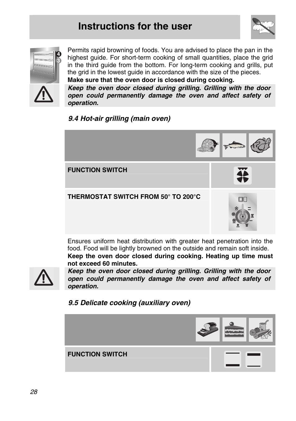 6 defrosting (main oven), 7 spit cooking (auxiliary oven), Instructions for the user | 4 hot-air grilling (main oven), 5 delicate cooking (auxiliary oven), Function switch | Smeg A21X-5 User Manual | Page 26 / 38