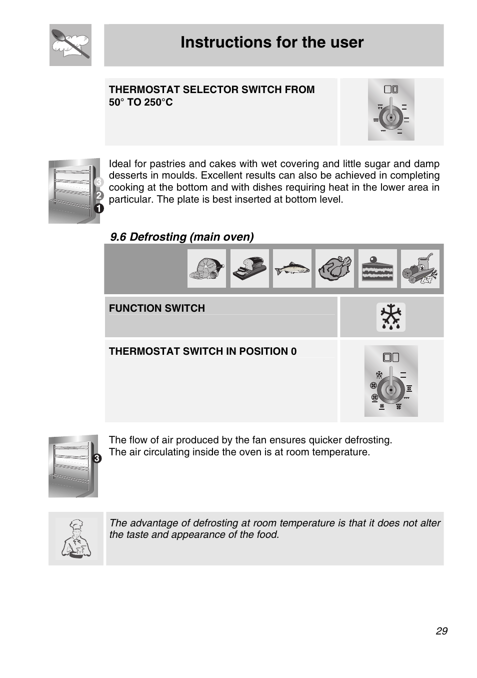 Instructions for the user, 6 defrosting (main oven), Function switch | Smeg A21X-5 User Manual | Page 27 / 38