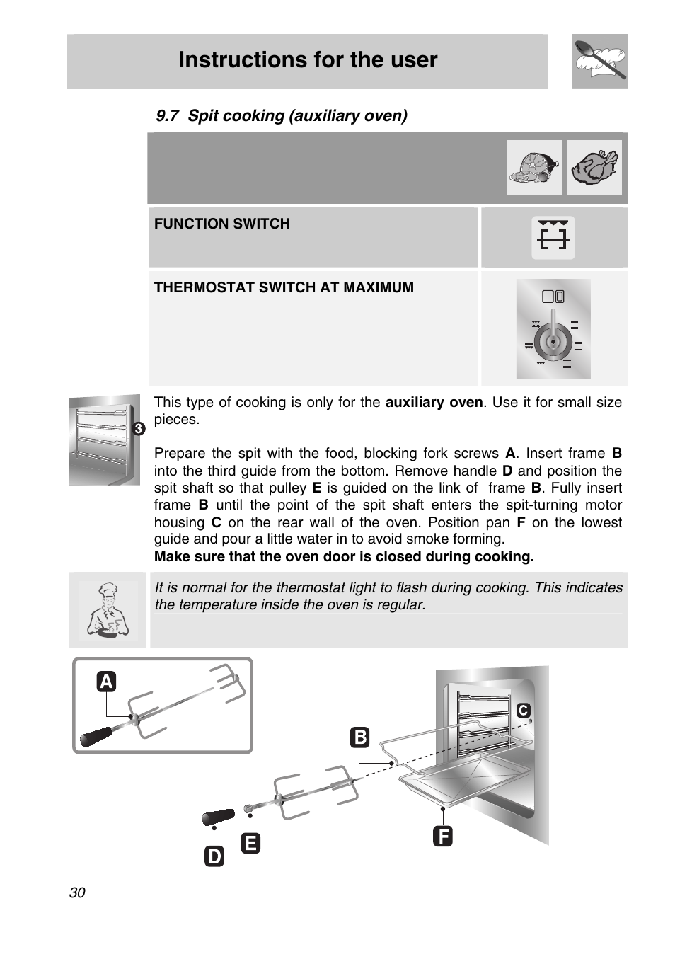 Cleaning and maintenance, 1 cleaning stainless steel, 1 ordinary daily cleaning | 2 food stains or residues, 2 cleaning of cooking hob components, 1 grids, Instructions for the user, 7 spit cooking (auxiliary oven), Function switch, Thermostat switch at maximum | Smeg A21X-5 User Manual | Page 28 / 38