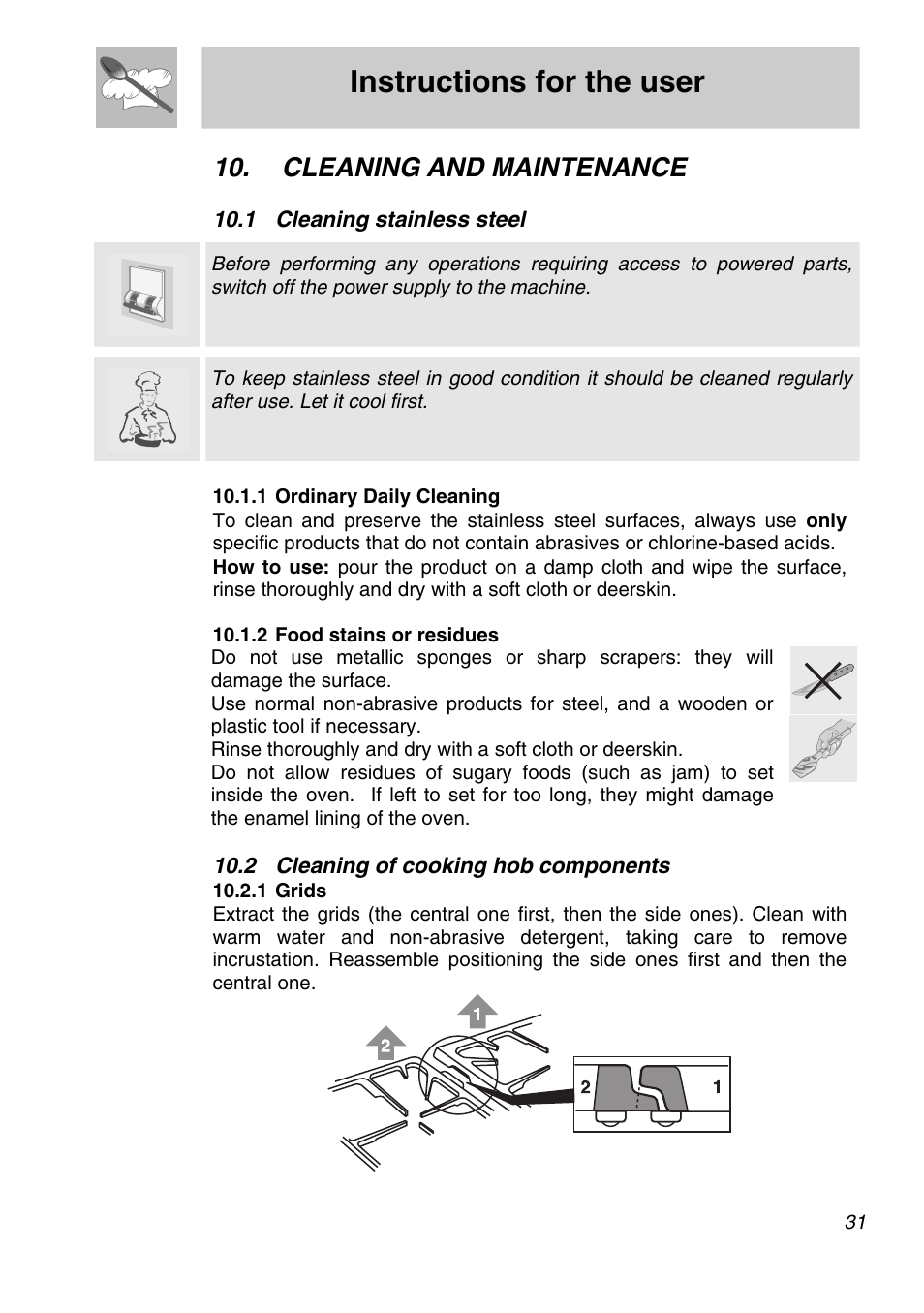 2 burner caps, flame cap crowns and burners, 3 ignition plugs and thermocouples, 3 cleaning of the oven | Instructions for the user, Cleaning and maintenance, 1 cleaning stainless steel, 2 cleaning of cooking hob components | Smeg A21X-5 User Manual | Page 29 / 38