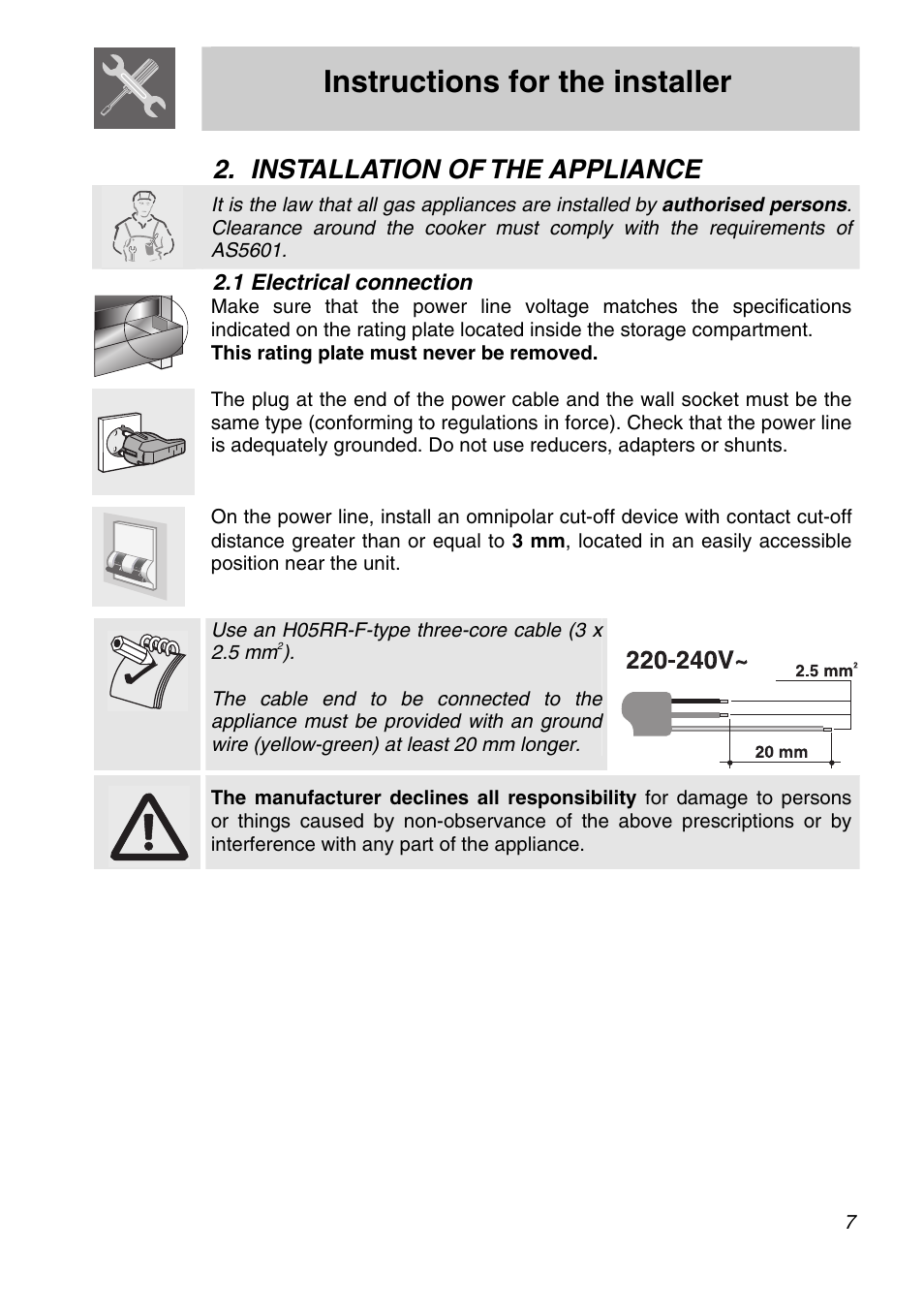 Instructions for the installer, Installation of the appliance, 1 electrical connection | Smeg A21X-5 User Manual | Page 5 / 38