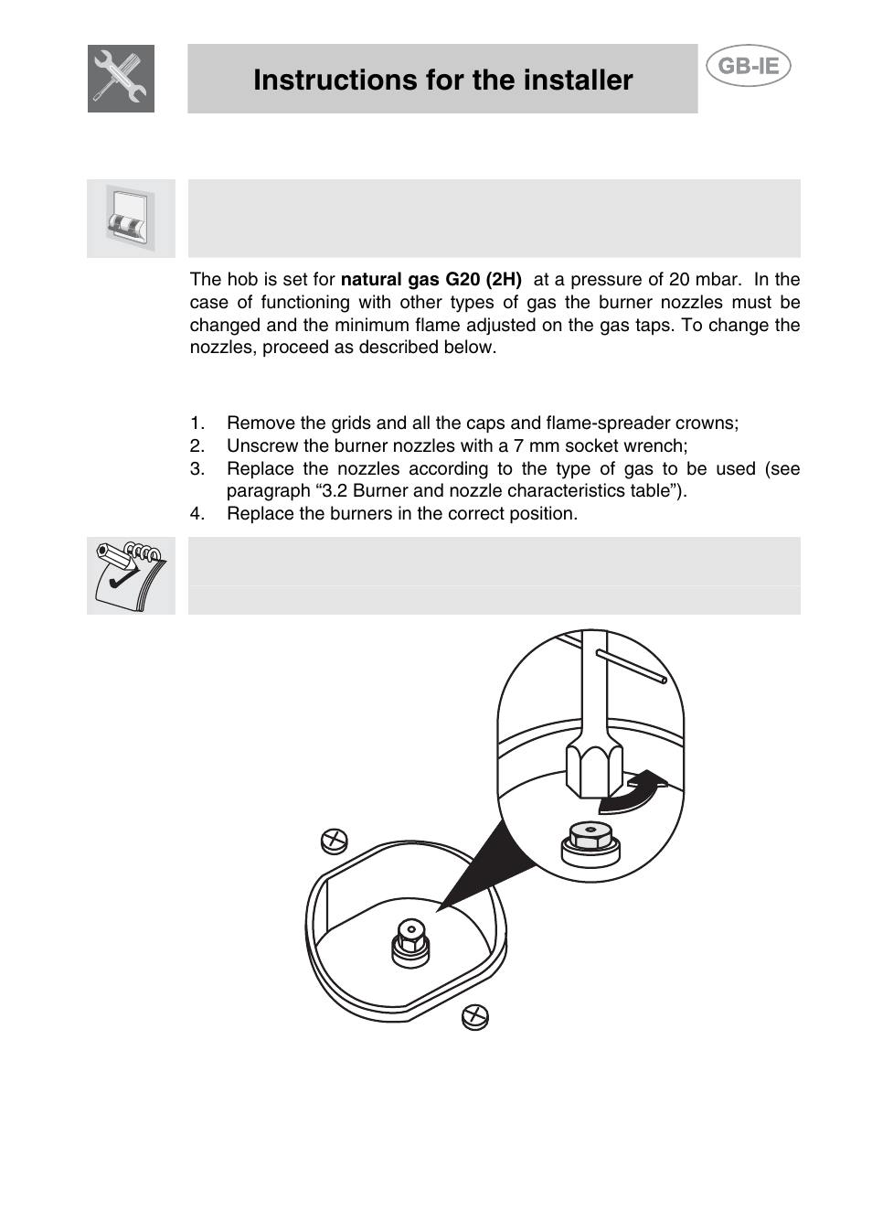 3 adjustment to different types of gas, 1 replacement of nozzles on the hob, Adjustment to different types of gas | Instructions for the installer | Smeg PGF75BE-2 User Manual | Page 11 / 16