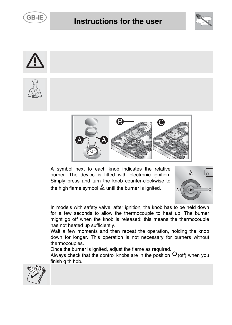 5 using the hob, 1 ignition of the burners, Using the hob | Instructions for the user | Smeg PGF75BE-2 User Manual | Page 14 / 16