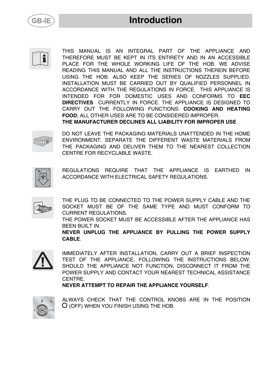 1 instructions for safe and proper use, Instructions for safe and proper use, Introduction | Smeg PGF75BE-2 User Manual | Page 2 / 16