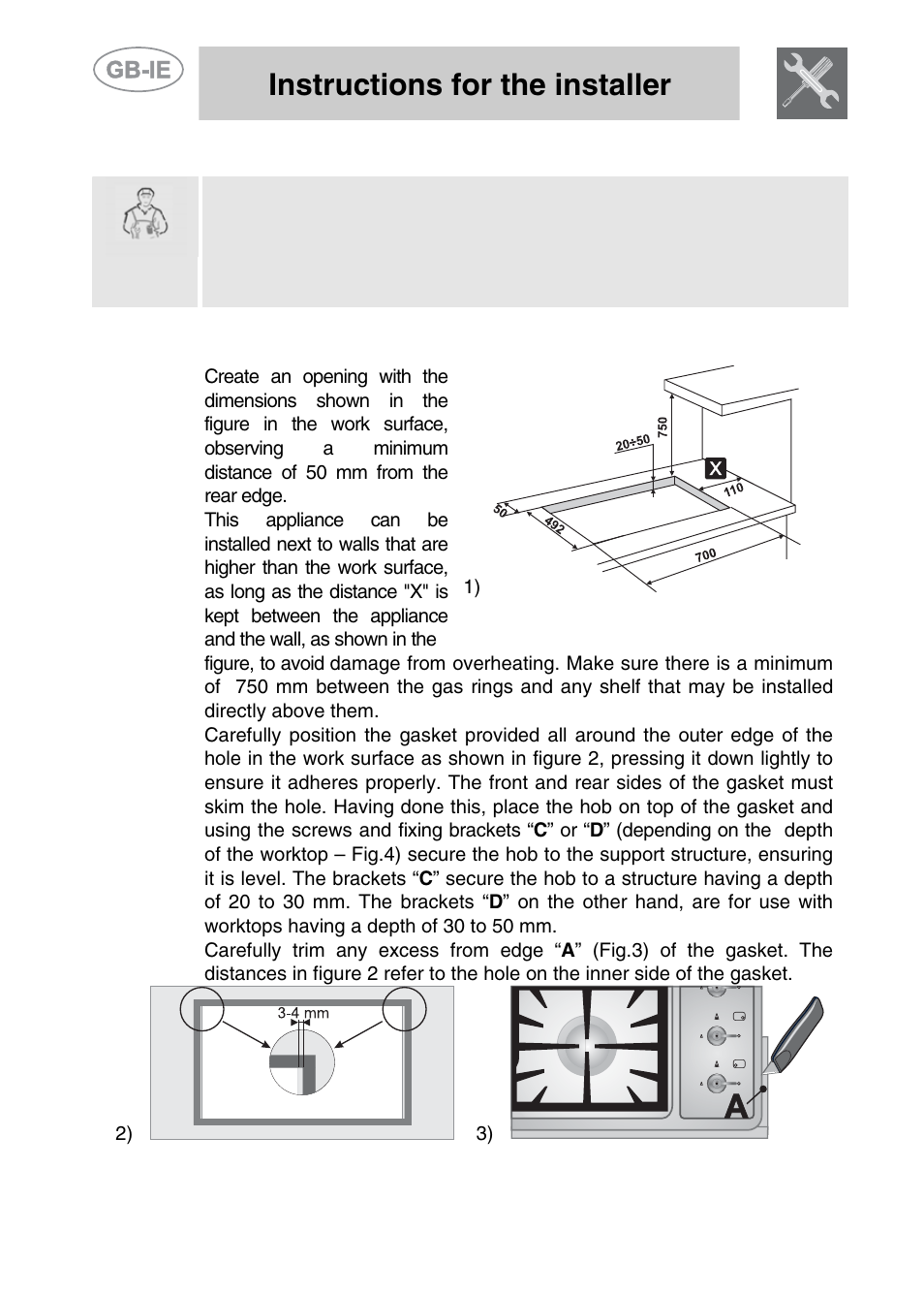 2 positioning of the hob, Positioning of the hob, Instructions for the installer | Smeg PGF75BE-2 User Manual | Page 4 / 16