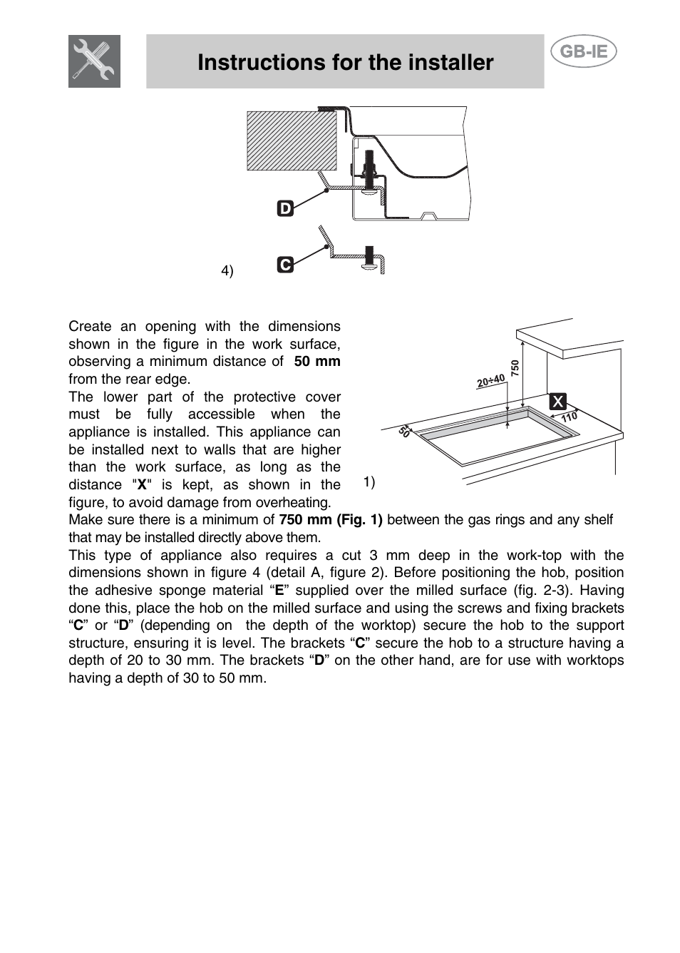 Instructions for the installer | Smeg PGF75BE-2 User Manual | Page 5 / 16