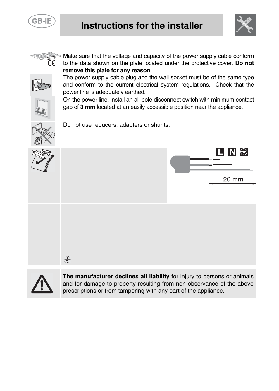 3 electrical connection, Instructions for the installer, Do not use reducers, adapters or shunts | L = brown n = blue = yellow-green | Smeg PGF75BE-2 User Manual | Page 8 / 16
