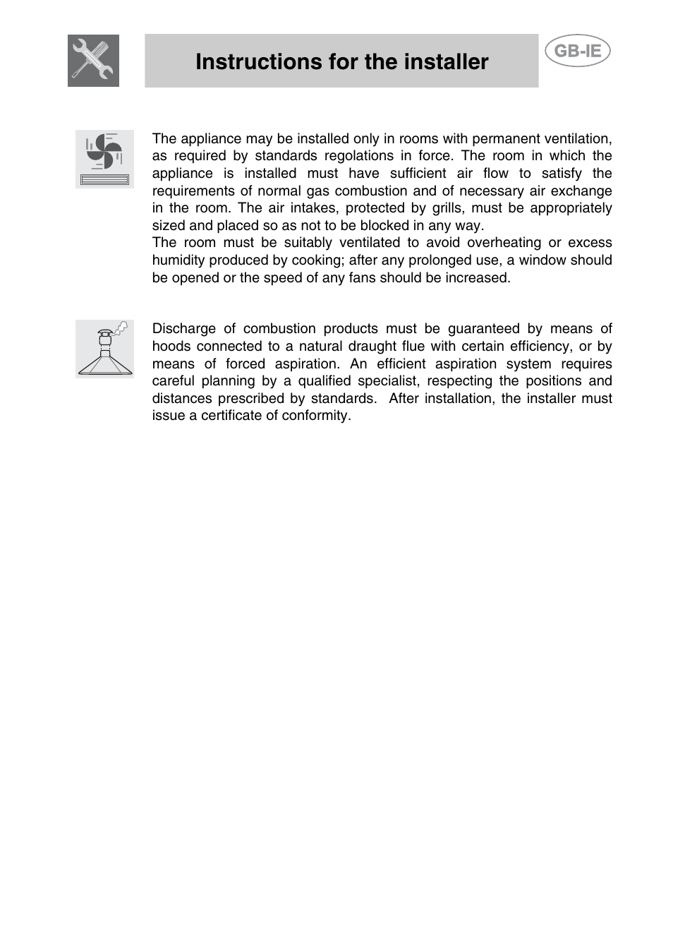 4 ventilation requirements, 5 discharge of combustion products, Instructions for the installer | Smeg PGF75BE-2 User Manual | Page 9 / 16