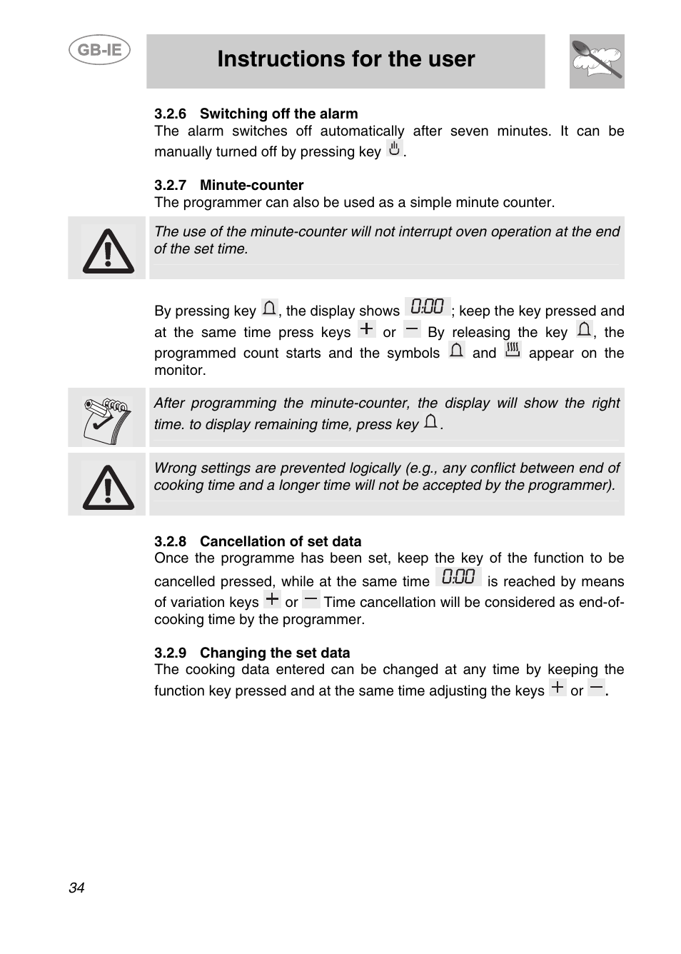 6 switching off the alarm, 7 minute-counter, 8 cancellation of set data | 9 changing the set data, Instructions for the user | Smeg S20XMF User Manual | Page 10 / 22