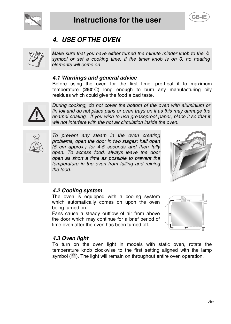 Use of the oven, 1 warnings and general advice, 2 cooling system | 3 oven light, Instructions for the user | Smeg S20XMF User Manual | Page 11 / 22