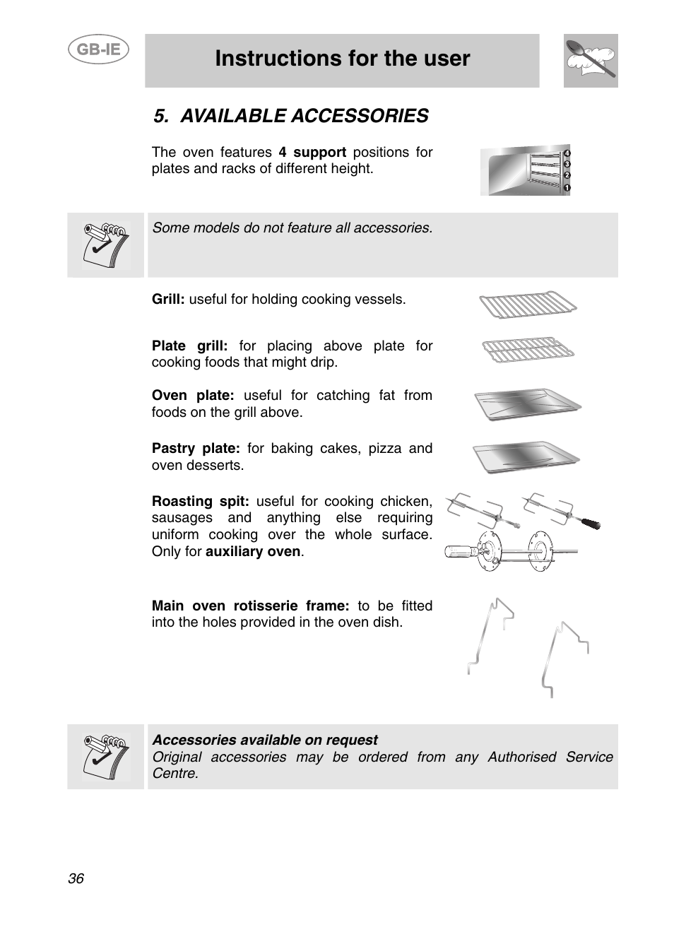 Available accessories, Instructions for the user | Smeg S20XMF User Manual | Page 12 / 22
