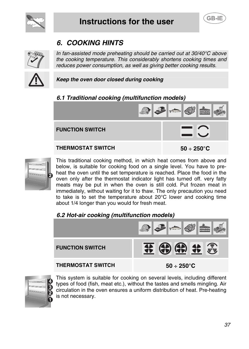 Cooking hints, 1 traditional cooking (multifunction models), 2 hot-air cooking (multifunction models) | Instructions for the user, Keep the oven door closed during cooking, Function switch, Thermostat switch | Smeg S20XMF User Manual | Page 13 / 22