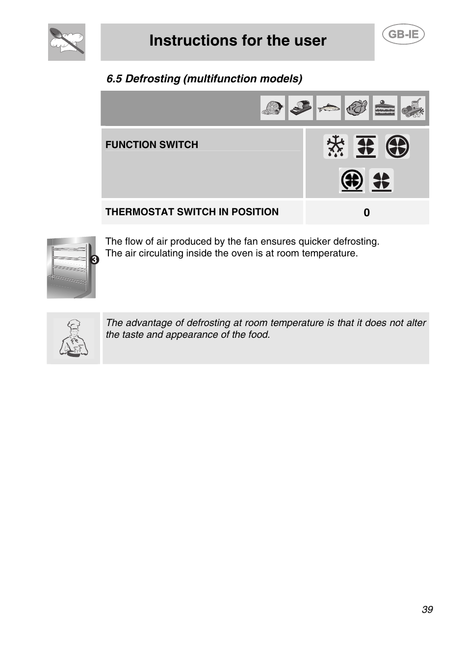 5 defrosting (multifunction models), Instructions for the user, Function switch | Thermostat switch in position | Smeg S20XMF User Manual | Page 15 / 22