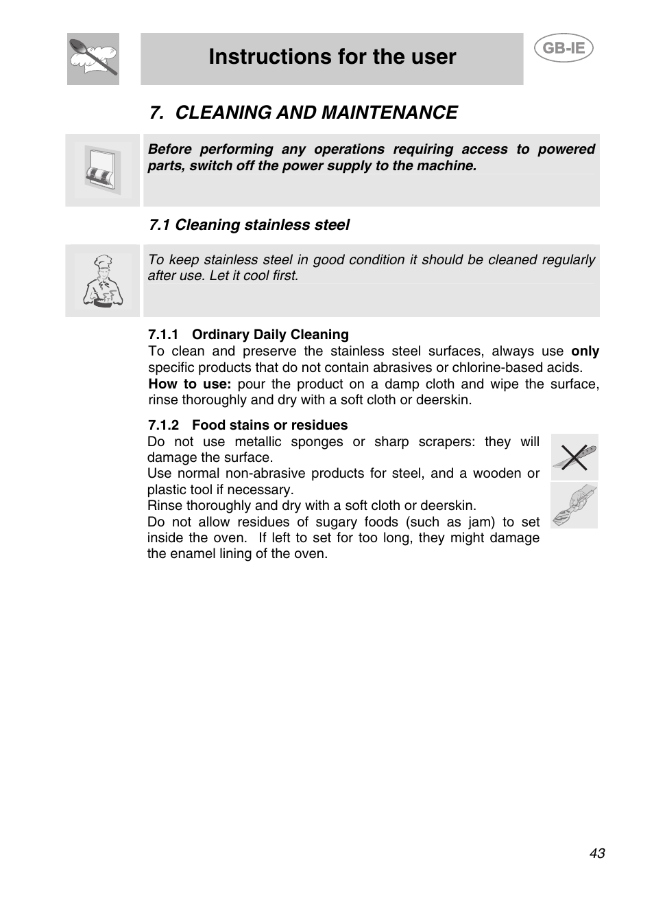 Cleaning and maintenance, 1 cleaning stainless steel, 1 ordinary daily cleaning | 2 food stains or residues, Instructions for the user | Smeg S20XMF User Manual | Page 19 / 22
