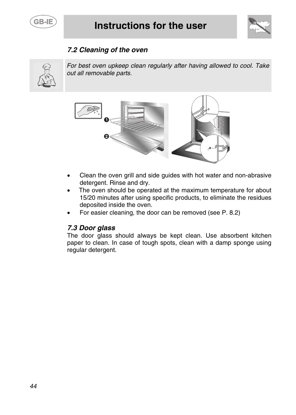 2 cleaning of the oven, 3 door glass, Instructions for the user | Smeg S20XMF User Manual | Page 20 / 22